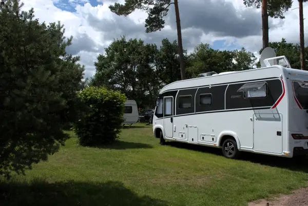 Wohnmobil steht auf grünem Campingplatz mit Bäumen und anderen Wohnwagen im Hintergrund.