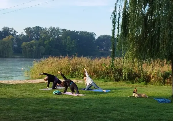 Drei Menschen machen Yoga am Seeufer auf einer Wiese, ein Hund liegt daneben.