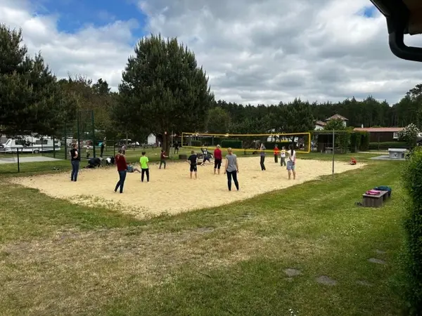 Menschen spielen Beachvolleyball auf einem Sandplatz im Grünen bei bewölktem Himmel.